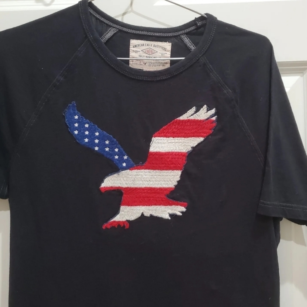 Y2K American Eagle Embroidered USA Flag Slim Muscle T-shirt Tee M 90s VTG